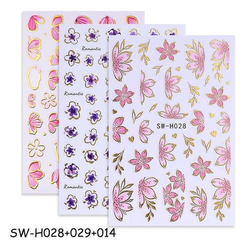 2/3pcs Golden Pink Hibiscus Flower Nail Stickers 3D Bronzing Border