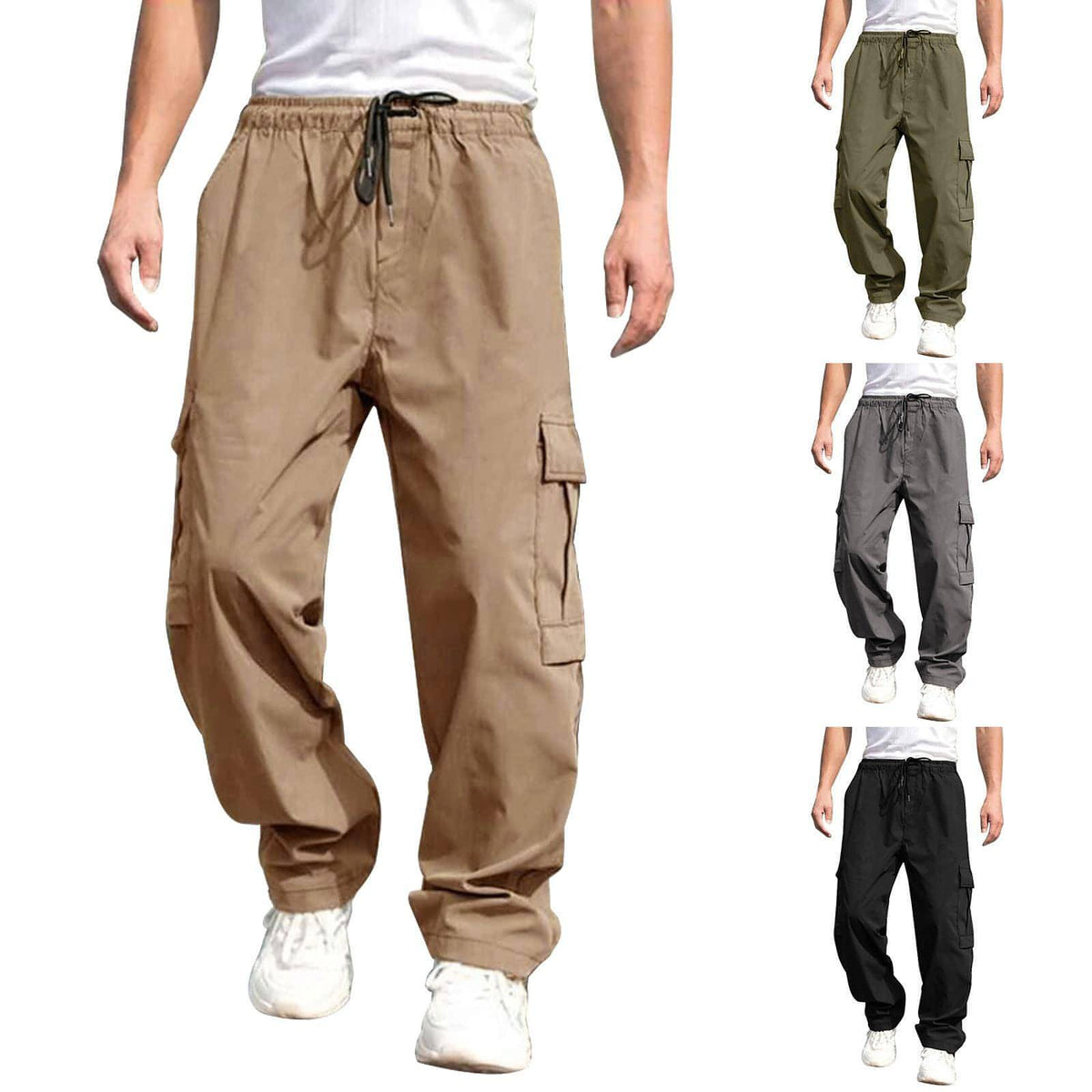 Casual Cargo Pants For Men Loose Straight Drawstring Waist Trousers