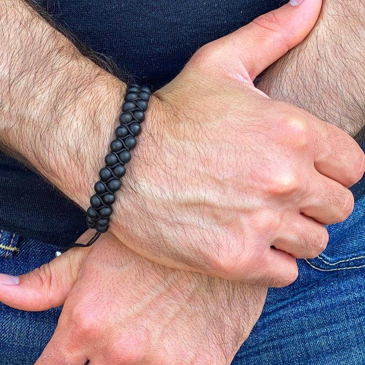CRUCIBLE MEN'S MATTE BLACK AGATE STONE BEADED ADJUSTABLE BRACELET