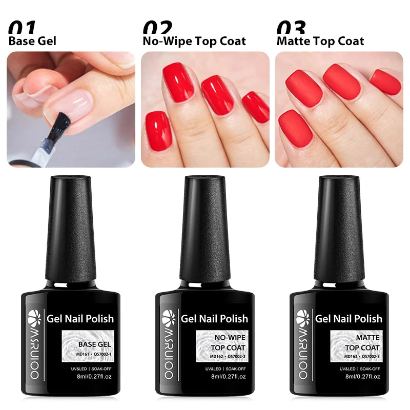 MSRUIOO 8ml Base Top Coat Gel Polish Semi Permanent Soak Off UV Gel