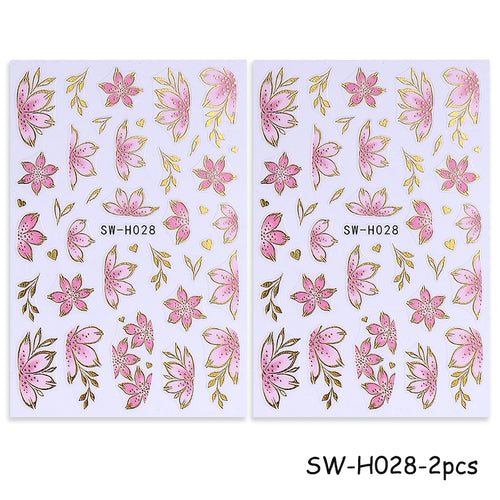 2/3pcs Golden Pink Hibiscus Flower Nail Stickers 3D Bronzing Border