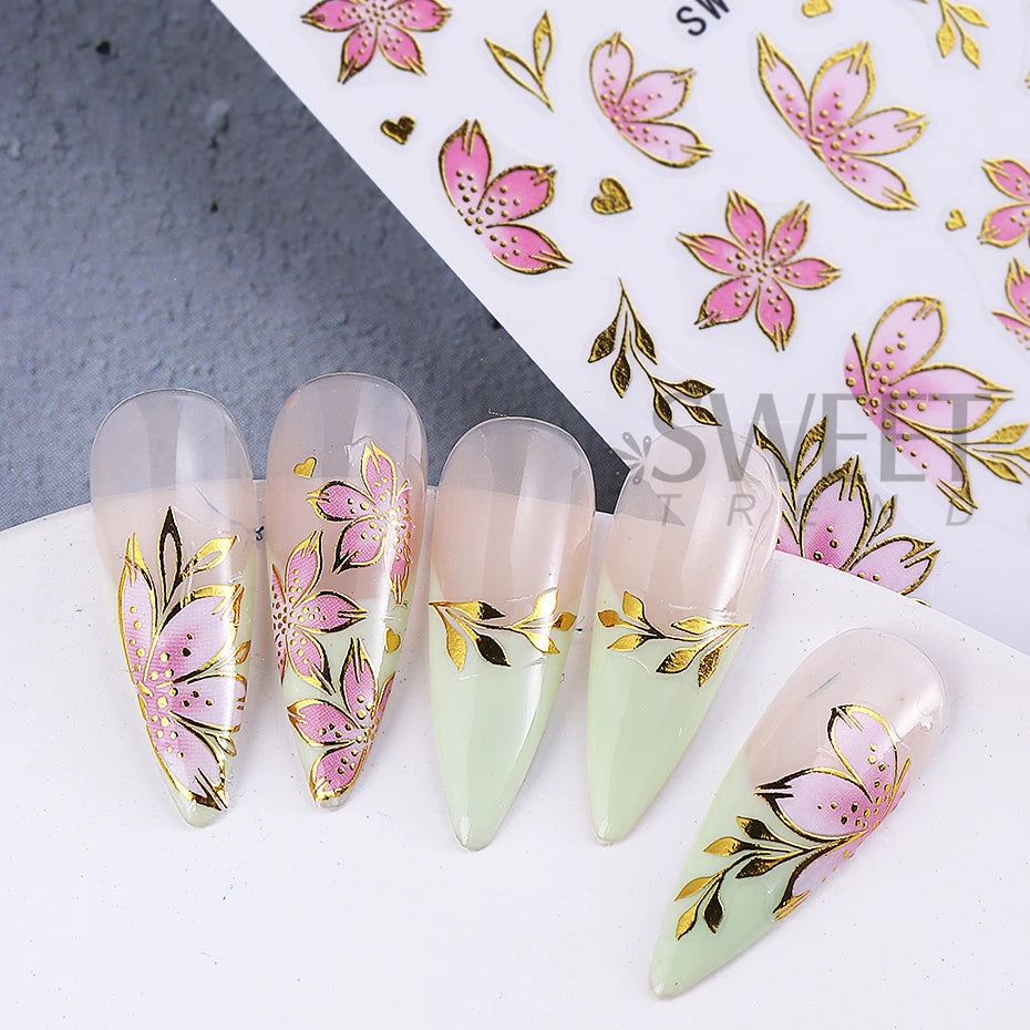 2/3pcs Golden Pink Hibiscus Flower Nail Stickers 3D Bronzing Border