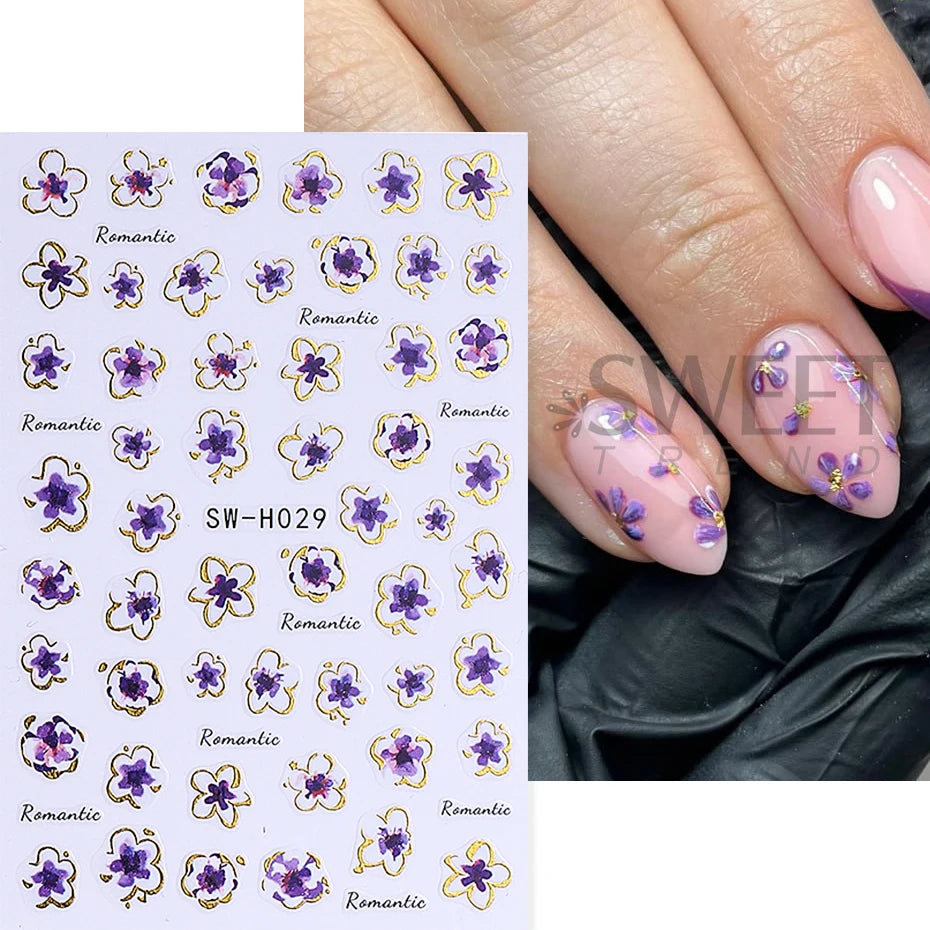 2/3pcs Golden Pink Hibiscus Flower Nail Stickers 3D Bronzing Border