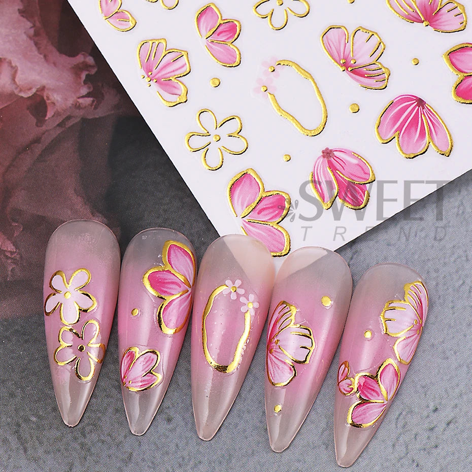 2/3pcs Golden Pink Hibiscus Flower Nail Stickers 3D Bronzing Border