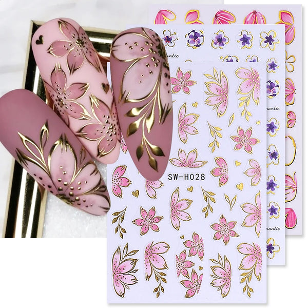 2/3pcs Golden Pink Hibiscus Flower Nail Stickers 3D Bronzing Border