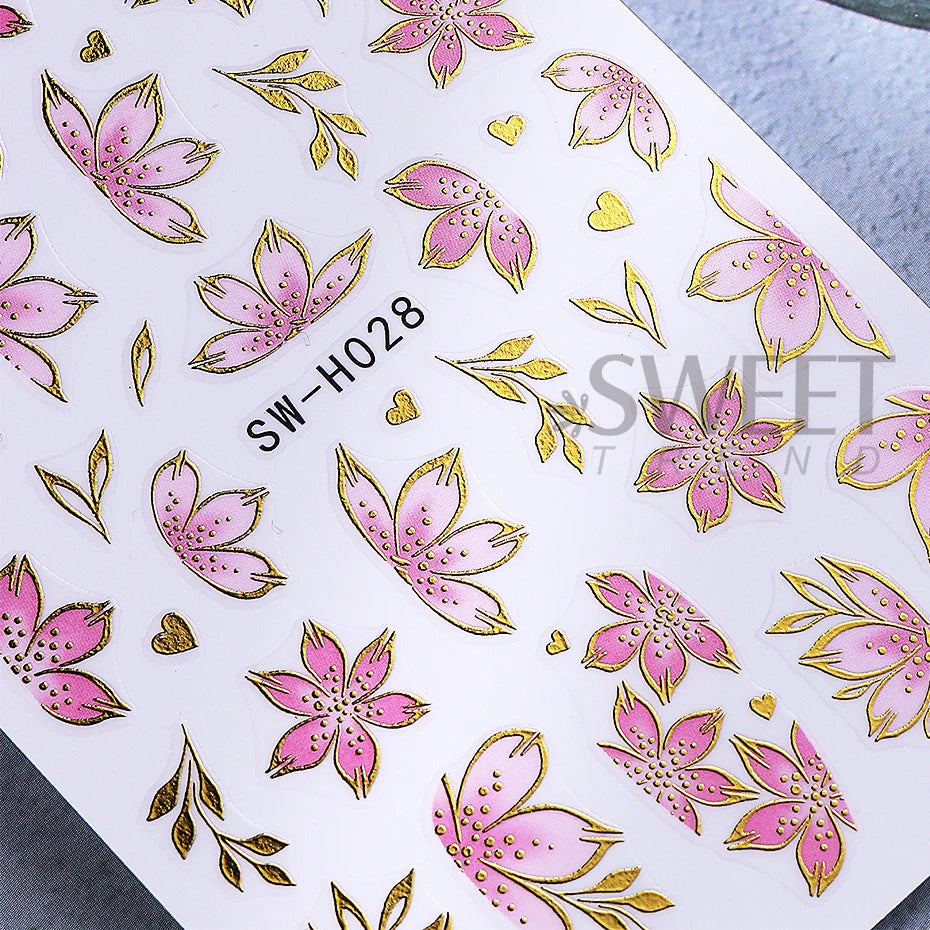 2/3pcs Golden Pink Hibiscus Flower Nail Stickers 3D Bronzing Border