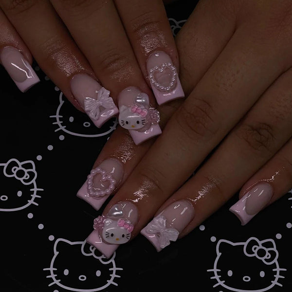 24 Medium Square Nail Pink French Cute Cartoon Cat White Love Camellia