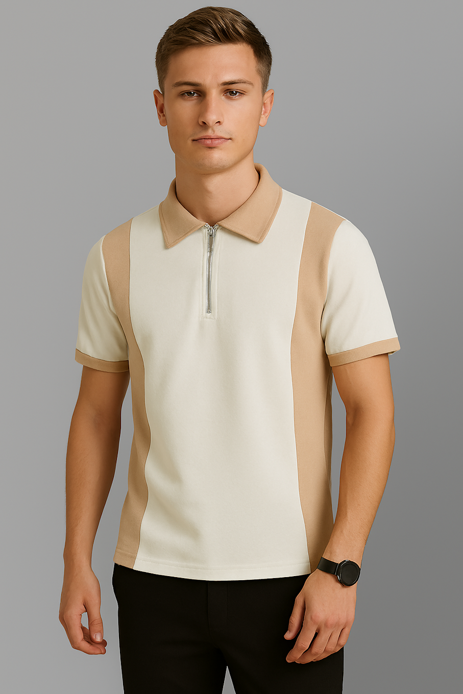 Men T-shirt, Beige & White (Size-S)